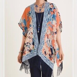Chico's Paisley Floral Tropical Linen Tassle Fringe Ruana Kimono Beach Wrap M